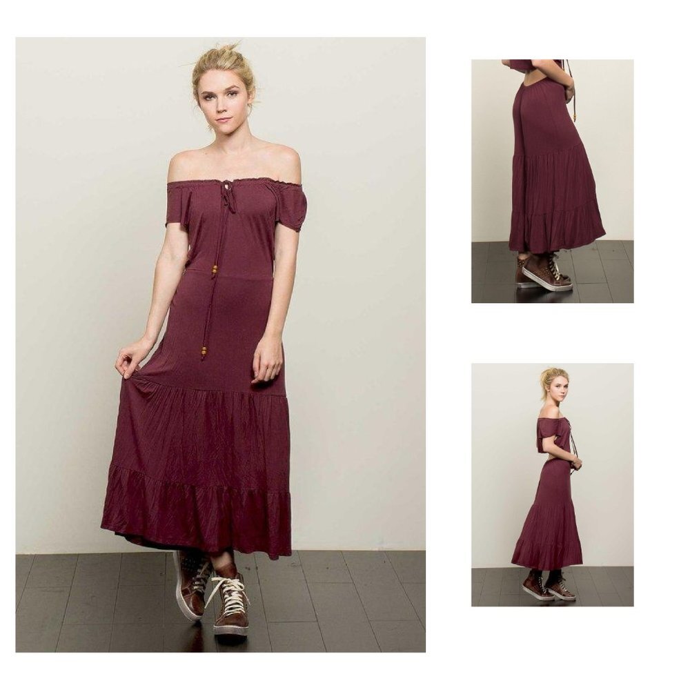 POL Burgundy Boho Off Shoulder Open Back Maxi Dress SML NEW